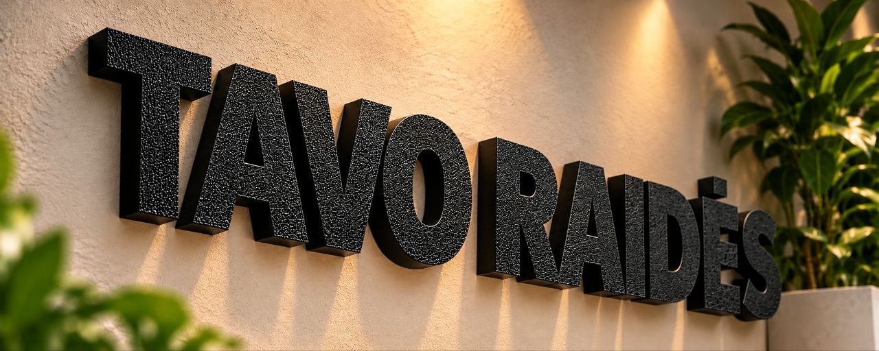 TAVO RAIDĖS iškaba su juodomis tekstūrinėmis erdvinėmis raidėmis